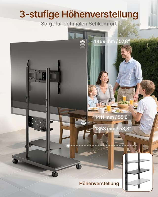 Detalle 2 de ECOTINY TV Ständer Rollbar mit Ablagefächern – höhenverstellbar, dreh- und neigbar, VESA bis 600 x 400 mm