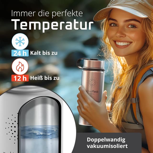 Detalle 2 de ACTIVE FLASK Trinkflasche Edelstahl mit Strohhalm-Verschluss (3 Deckel), auslaufsicher & BPA-frei – geeignet für kohlensäurehaltige Getränke