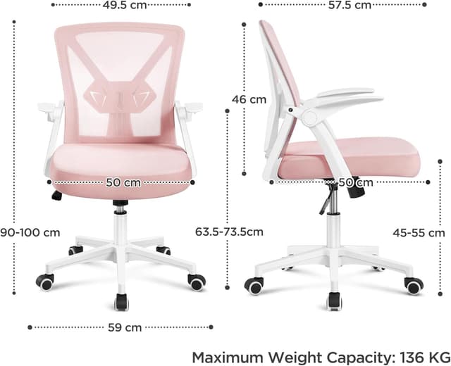 Detalle de Yaheetech Sedia da ufficio ergonomica con supporto lombare, schienale in rete e braccioli regolabili (portata 136 kg) rosa