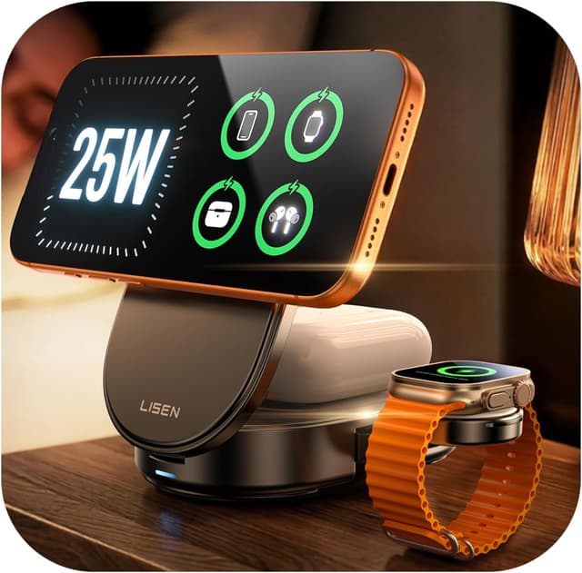 Detalle de LISEN 3-in-1 Ultra-Fast 25W Foldable Qi2.2 MagSafe Wireless Charging Stand