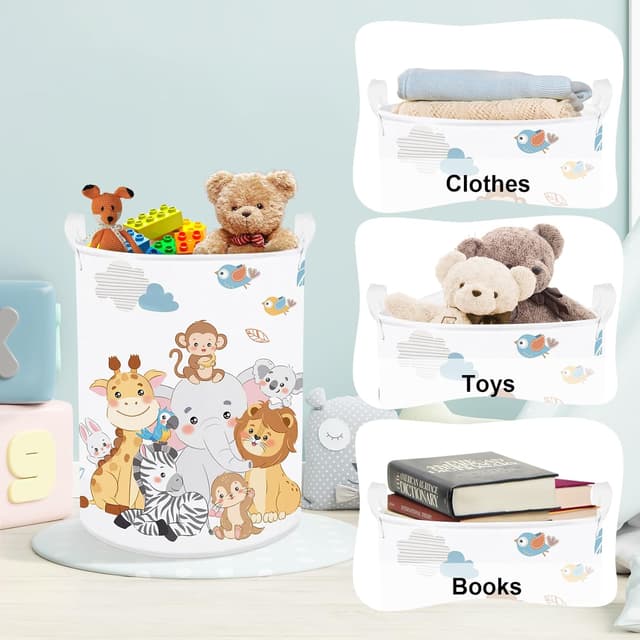 Detalle de Clastyle Tier Kinder Wäschekorb mit Henkel, faltbar – Löwe, Elefant, Koala & Sterne, 36x45 cm