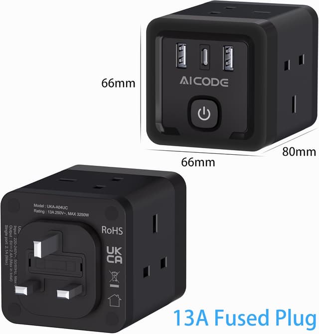 Thumbnail 6 de AICODE 4-Way Multi Plug Adapter with 3 USB (USB-C + 2×USB-A) and Switch, 13A 3250W UK 3-Pin Cube Socket, Black