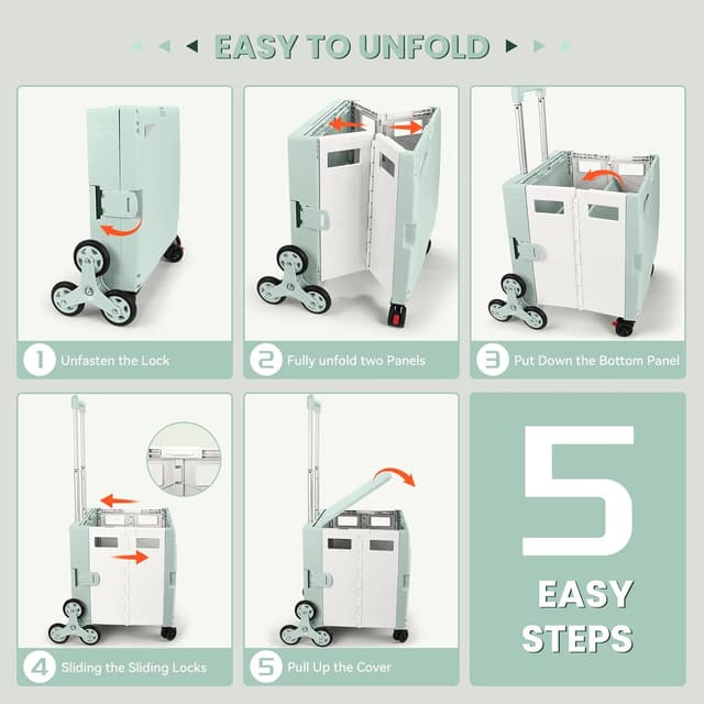 Detalle de Foldable Utility Cart Shopping Trolley Box with Stair-Climbing Wheels, Adjustable Handle & 55L Capacity (Light Green)