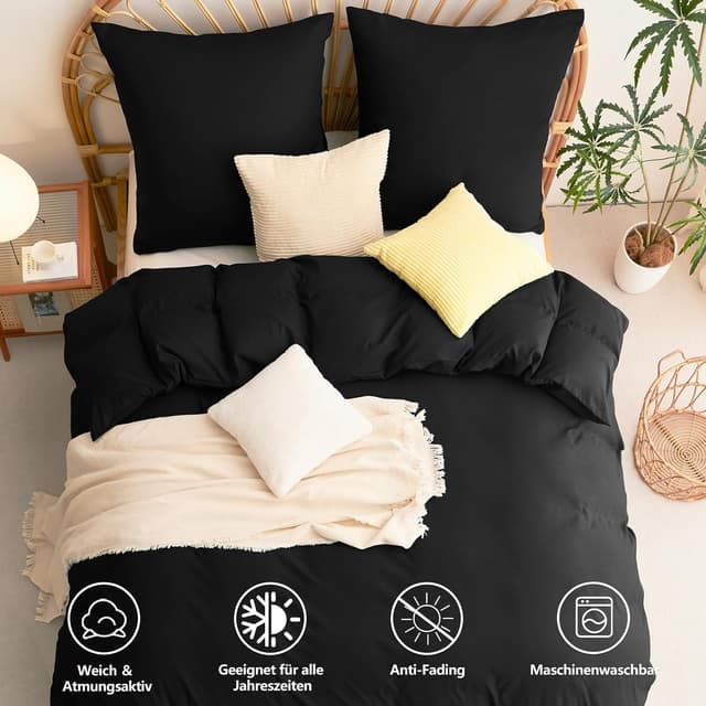 Thumbnail 6 de WAVVE Bettwäsche 220x240 3-teilig Schwarz (1 Bettbezug 220x240 + 2 Kissenbezüge 80x80) aus Mikrofaser