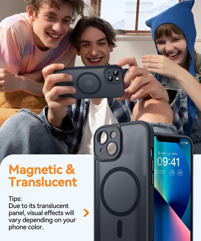 Detalle de CANSHN Magnetic Case for iPhone 13 (6.1-inch) with full camera protection, translucent matte bumper – Black