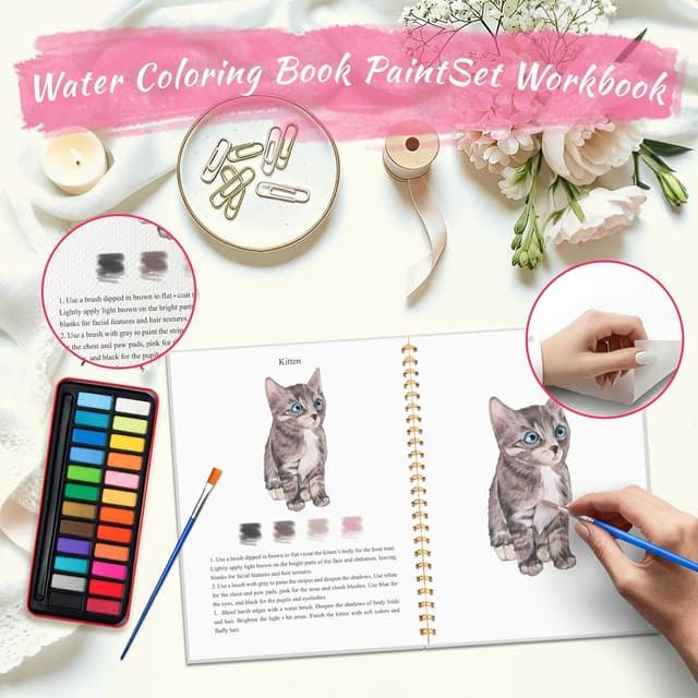 Detalle de Cbcmpica Watercolor Workbook & Beginner Painting Kit (Flowers & Animals, 24-Color Palette)