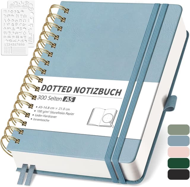 Detalle de RETTACY A5 Dotted Bullet Journal mit 100 g/m² Papier (150 Blatt) und Lederhülle, Grau-Blau