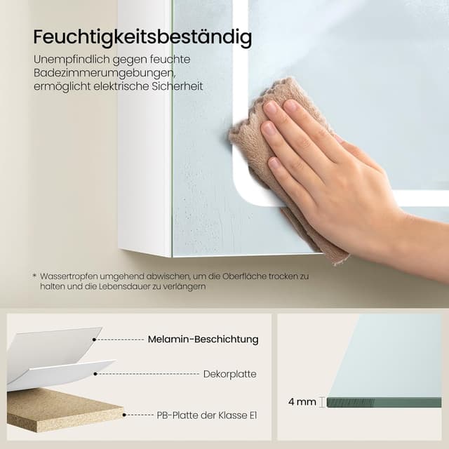 Thumbnail 6 de EUGAD Spiegelschrank für kleine Badezimmer mit 1 Spiegeltür, 3 Farbtemperaturen & Steckdosen (50 x 70 x 14,5 cm) – Weiß