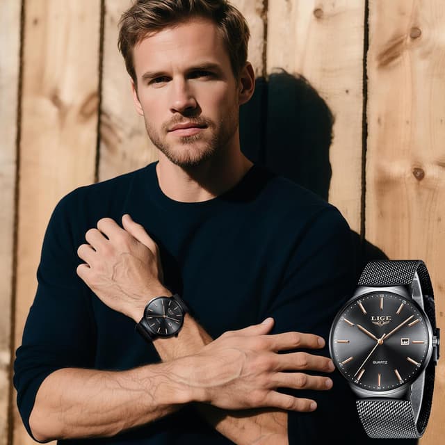 Detalle de LIGE Herren-Uhr Ultra: analoges Quarzmodell mit Kalender, roségoldfarbenen Zeigern & Edelstahl-Gitterband