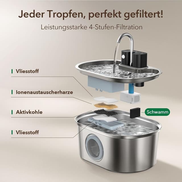 Detalle de PEKTACO kabelloser Katzenbrunnen aus Edelstahl (3,2 L) mit Bewegungssensor, 24/7 & Mehrfachfilterung