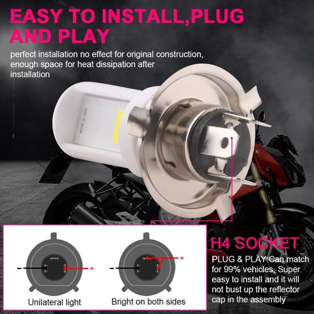 Detalle de Qasim 2-Pack H4 LED Motorcycle Headlight Bulb (Hi/Lo Beam) 9003, White COB Chips