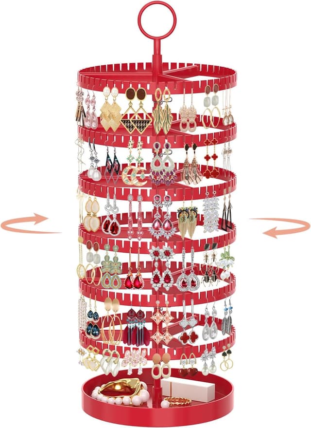 Detalle de iDavosic.ly 6-stufige Ohrringaufbewahrung mit drehbarem Ohrstecker-Ständer, Metalltablett und 342 Rillen (rot)