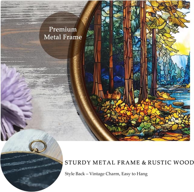 Thumbnail 2 de XIAOAIKA Vintage Round Wall Hanging with Gold Frame: Tranquil Forest Panel 🌟