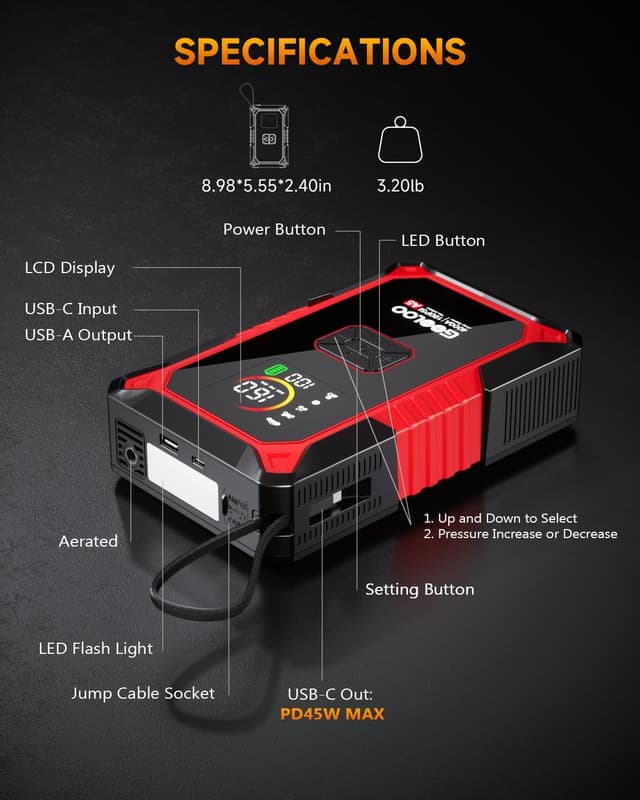 Detalle de GOOLOO A5 5-in-1 Jump Starter with Air Compressor (4000A) and 160PSI Tyre Inflator