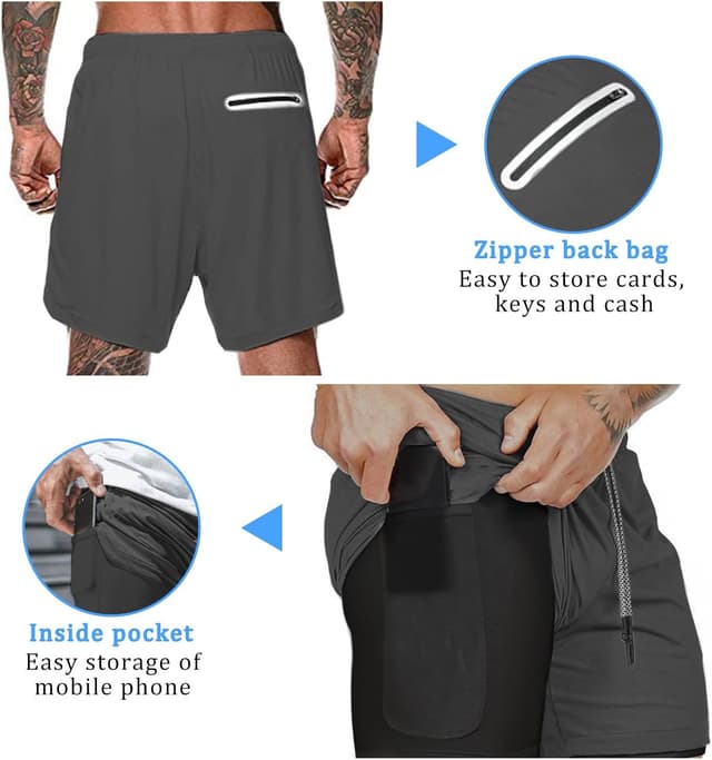 Detalle de Aisprts pantaloncini palestra uomo 2 in 1 con fodera in rete e 4 tasche