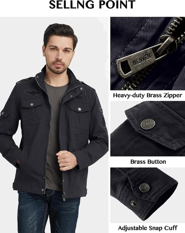 Thumbnail 4 de WenVen Giacca da Uomo Classica in Cotone con Zip Antivento e Tasche, stile casual autunnale