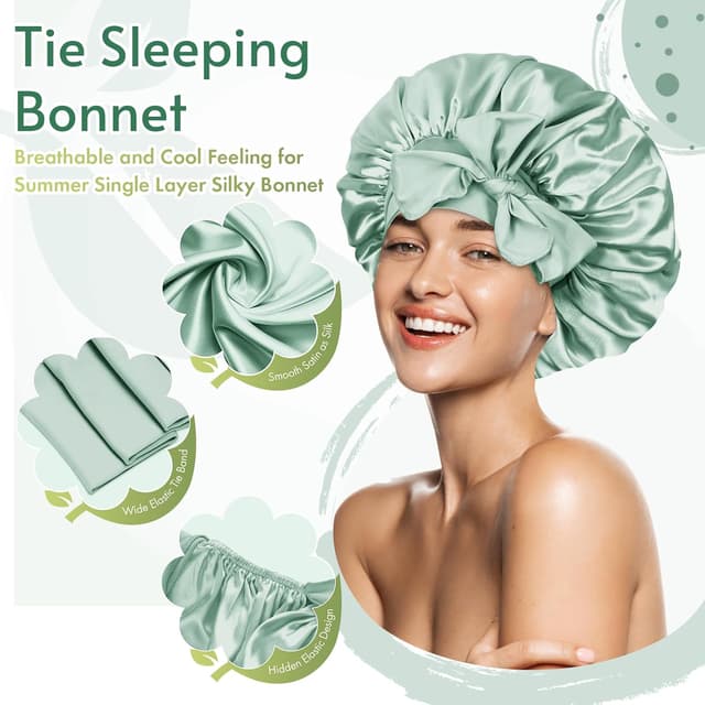 Detalle de Bonnet Queen Silk Bonnet for Sleeping Women (Sage Green) — Adjustable Tie Band Satin Night Cap for Curly Hair