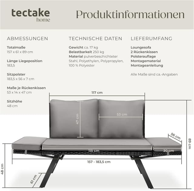 Thumbnail 2 de tectake Rattan Loungesofa 2in1 Klapparmlehnen