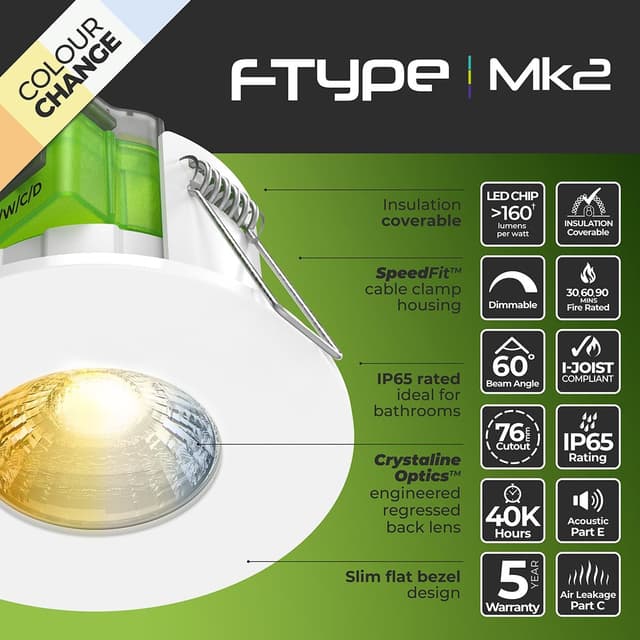 Detalle de Luceco FTYPE MK2 LED Flat Downlight (Power Change & 4 CCT Options) White, IP65, Fire Rated, FTF6WCCT