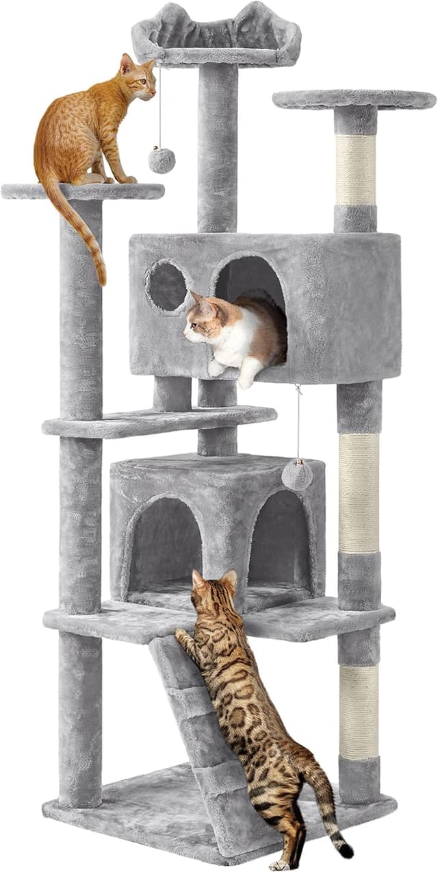 Detalle de Yaheetech Cat Tree 158cm tower with scratching posts, 2 houses and dangling balls (light grey)