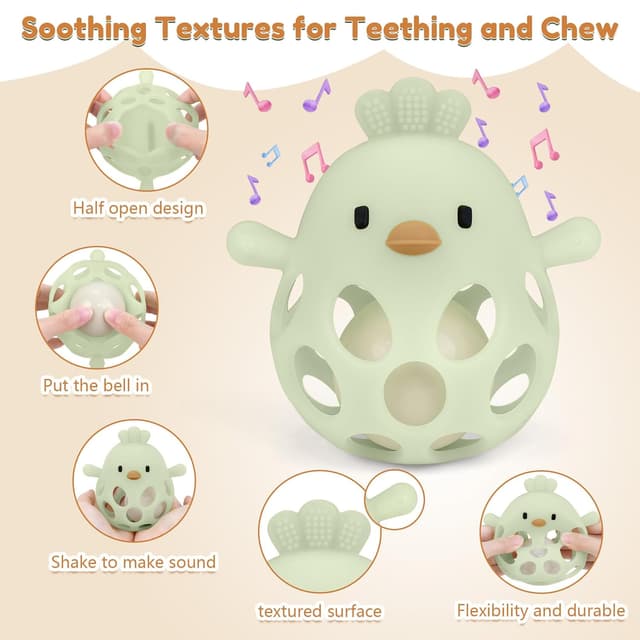 Thumbnail 6 de MCGMITT Silikon-Beißring Greifball mit Rassel (Hühnerform), BPA-frei – Zahnungshilfe für Babys 3–18 Monate