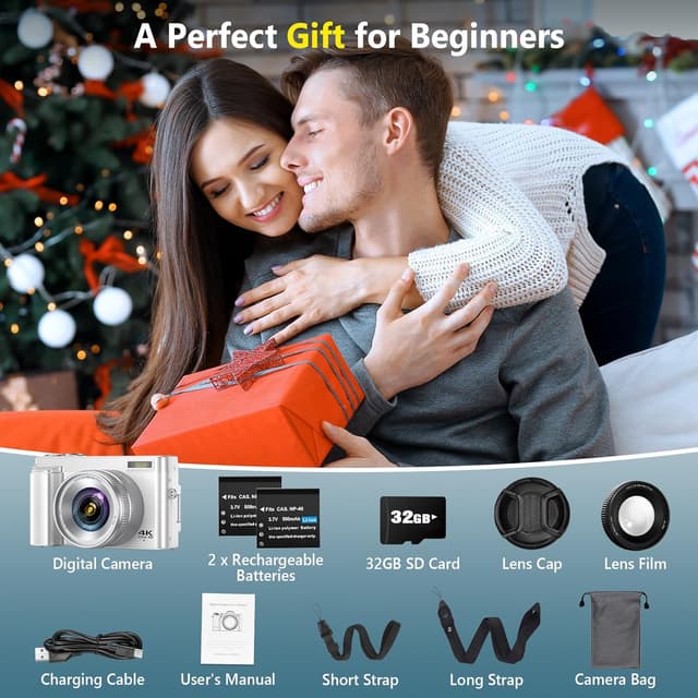 Thumbnail 6 de 4K Digital Camera for Photography with Autofocus, 64MP WiFi Vlogging Camera (3" 180° Flip Screen) + 2 Batteries, White