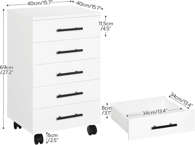 Detalle de HOOBRO Rollcontainer mit 5 Schubladen EWT05WJ01G1 – mobiler Büroschrank für Ordner & Bürobedarf