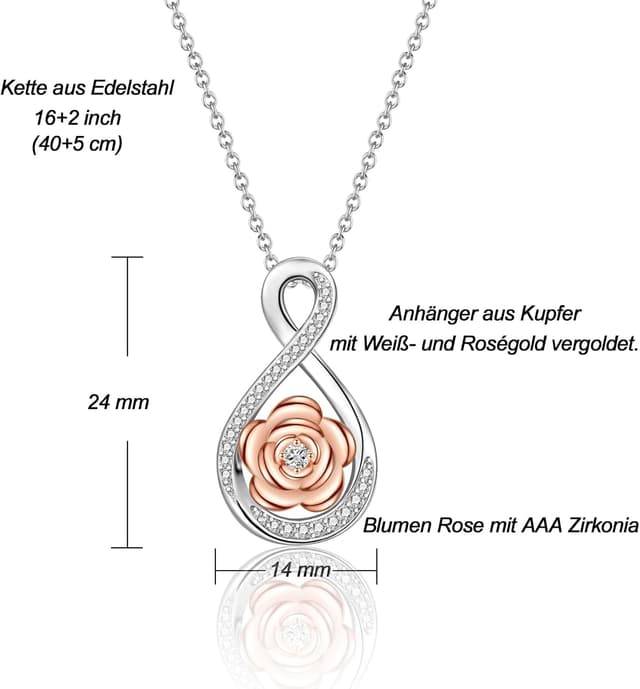 Detalle 2 de USEEDOVIA Halskette mit Rose-Anhänger (40 cm) vergoldet & AAA Zirkonia – Geschenkbox und Karte