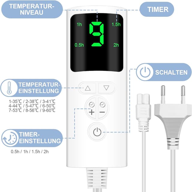Thumbnail 6 de UOHHBOE Heizkissen 75W (60×30 cm) mit PTC-Schnellheizung, 9 Temperaturstufen & 4-Stunden-Timer