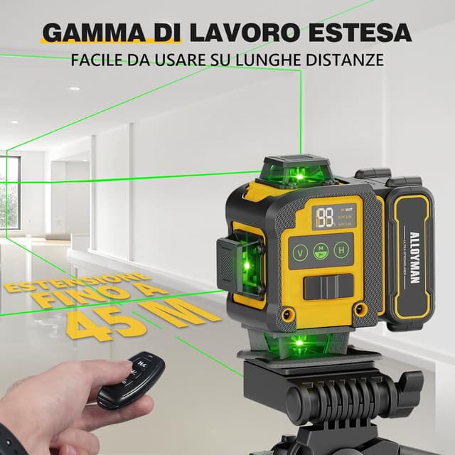 Detalle 2 de Alloyman Livella Laser Autolivellante 16 linee con treppiede, 4D verde (IP54) per lavori interni e fai da te