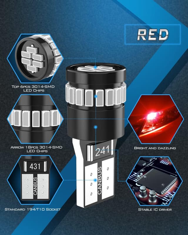 Detalle de KATUR 194 LED Light Bulb in Brilliant Red (CANBUS Error Free) – 24-SMD 3014, W5W/T10/T194 wedge replacement (4pcs)