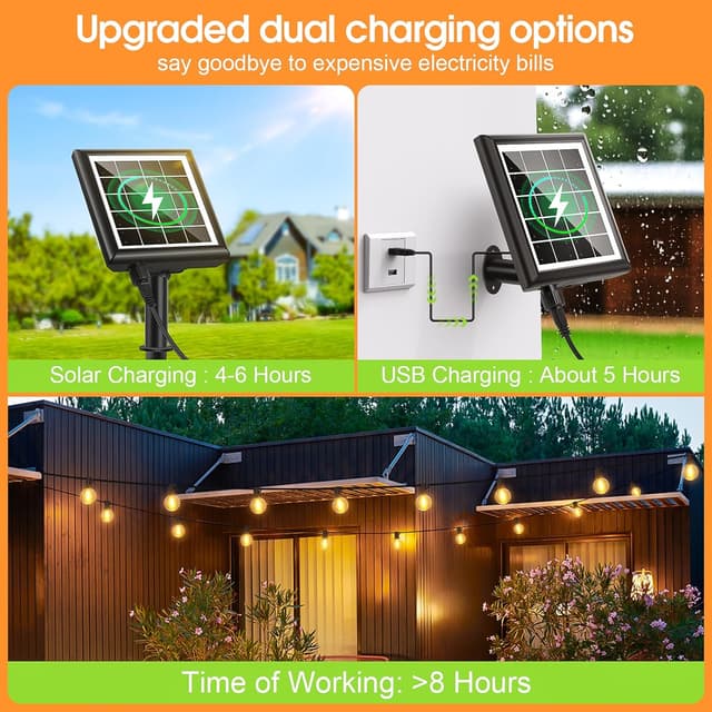 Detalle 2 de Solar String Festoon Lights Outdoor with Remote – 30m USB Rechargeable LED (IP44)