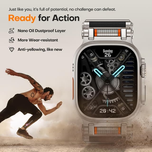 Detalle de TAURI rugged braided nylon Apple Watch Ultra strap (49mm) with stainless steel connectors – adjustable woven band in black