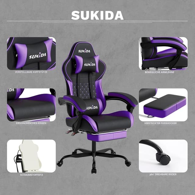 Detalle de SUKIDA Gaming Stuhl mit Fußstütze – ergonomischer Stuhl mit 90–135° Rückenlehne, Lendenwirbelstütze (Blackpurple)
