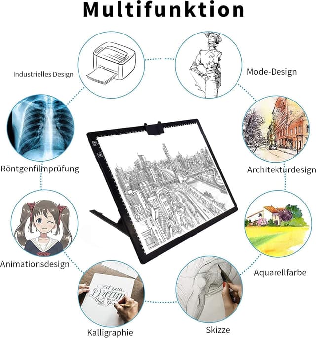 Detalle 2 de elice Leuchttisch A3 wiederaufladbar mit Ständer/Clip – LED-Lightpad für Diamond Painting, Zeichnen & mehr