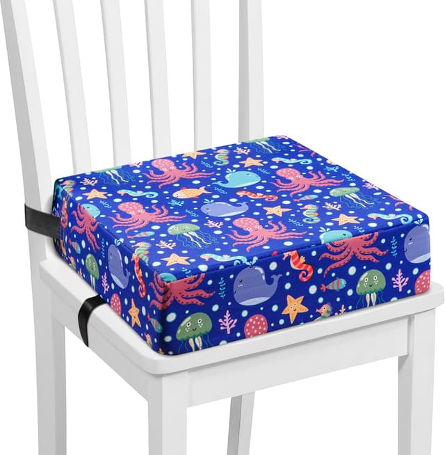 Detalle de Blue Toddler Booster Seat for Dining Chair with PU Cover, Non-Slip Base & Adjustable Seat Belts