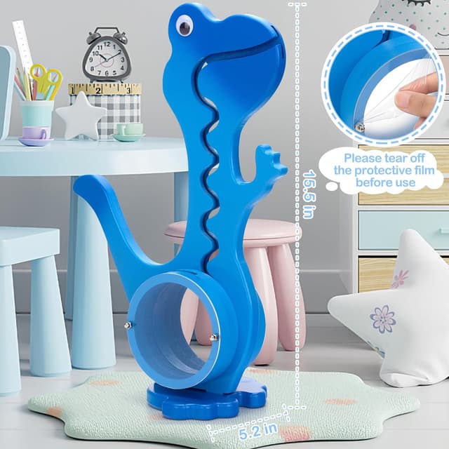 Detalle de AORCMITN Wooden Dinosaur Piggy Bank (Dino-Blue) with Coin Slide