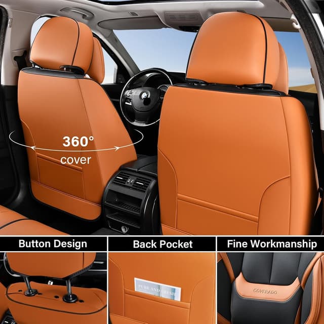 Detalle 2 de Coverado Universal Seat Covers Full Set (5 Seats) in Waterproof Nappa Leather—Black & Brown