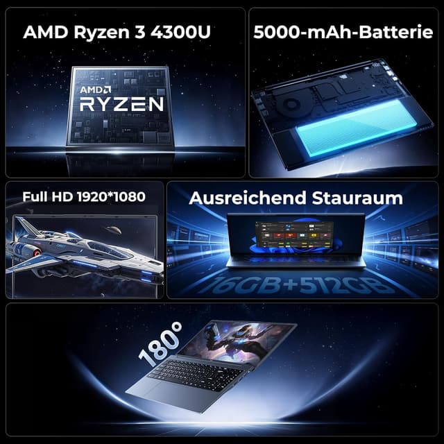 Detalle de Tivique 15,6-Zoll Laptop mit AMD Ryzen 4300U, 16 GB DDR4 und 512 GB SSD