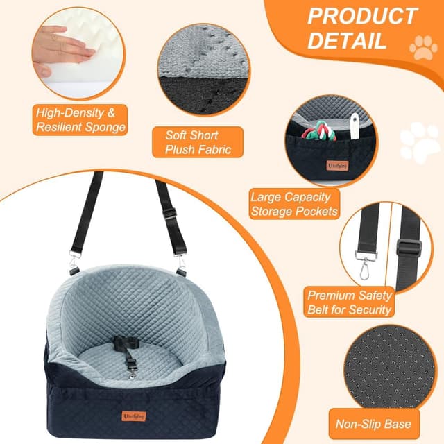 Detalle de Vivifying Hundeautositz mit abnehmbarer & waschbarer Sitzerhöhung, Sicherheitsgurt, Grau (für Hunde bis 11,3 kg)