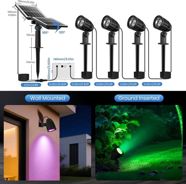 Detalle de Linke Solar Spot Lights Outdoor Garden (4-in-1 RGB) with Remote, IP66 – dusk to dawn