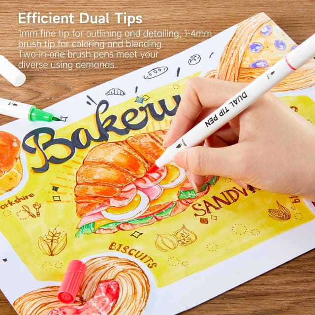 Detalle de Shuttle Art Dual Tip Brush Pens (70 Colours) set with portable case & colouring book