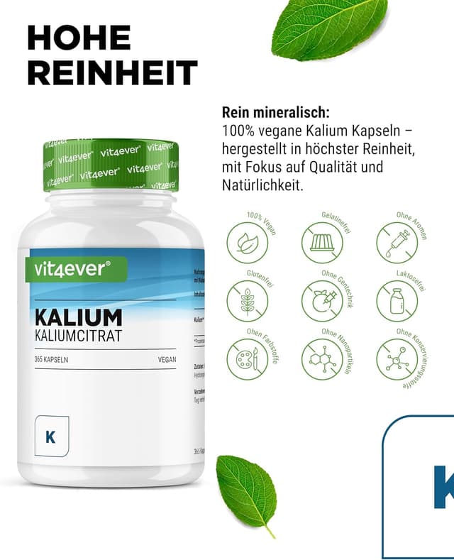 Detalle de vit4ever Kalium Kaliumcitrat 800 mg pro Tagesdosis – 365 Kapseln (6-Monatsvorrat, vegan)