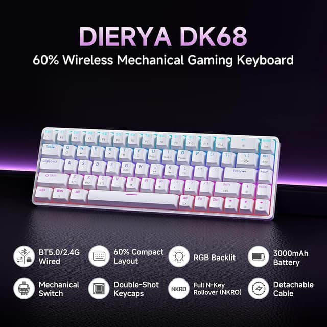 Detalle 2 de Dierya DK68 tastiera gaming wireless 60% 68 tasti