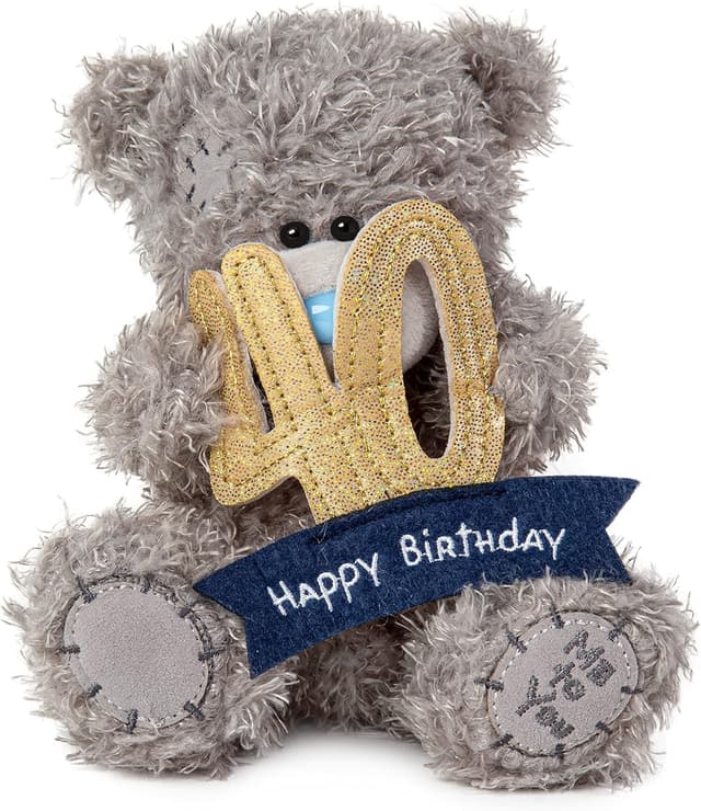 Detalle de Me to You Tatty Teddy 40th Birthday Bear Holding a 40 Banner – Official Collection plush gift (Blue/Gold/Grey/Navy)