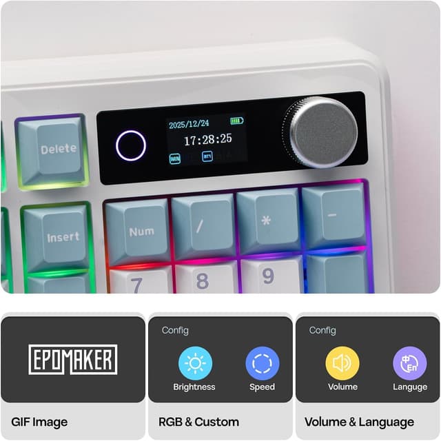 Detalle de EPOMAKER TH99 Pro 96% Mechanical Keyboard with Screen & Knob (Hot-Swap, Wireless 2.4G/Bluetooth) — Blue & White Creamy Jade