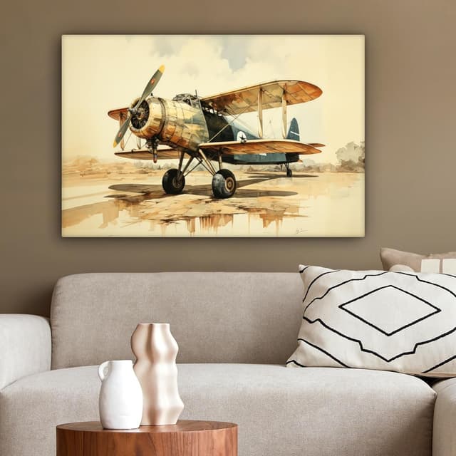 Detalle de MuchoWow Impression sur toile 90 x 60 cm (Avion, Beige) – tableau mural sur cadre en bois