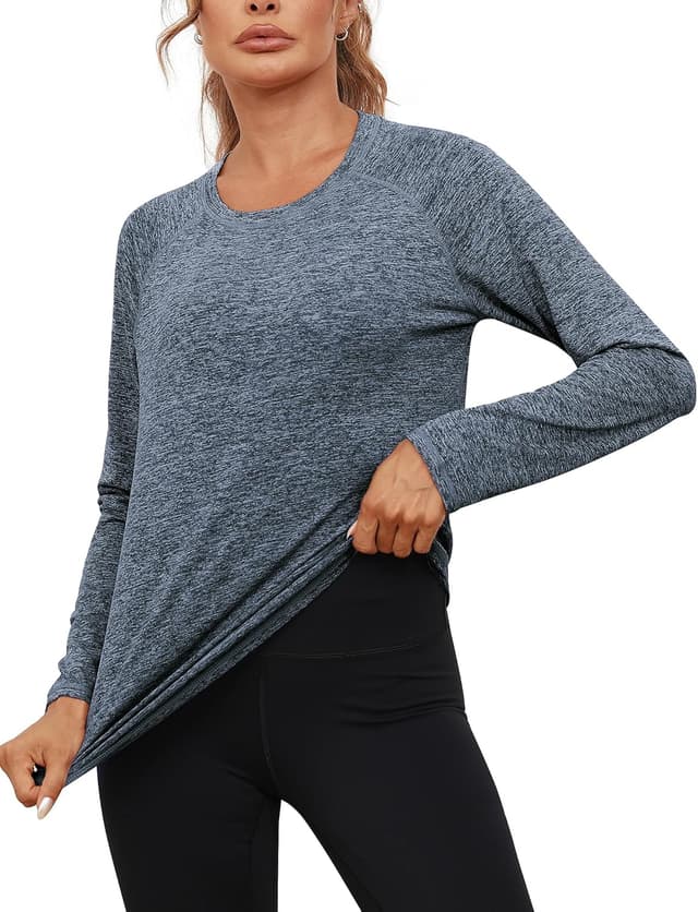 Detalle de Gyabnw Damen Langarm-Sportshirt (Funktionsshirt) mit Rundhalsausschnitt – für Fitness, Laufen & Wandern
