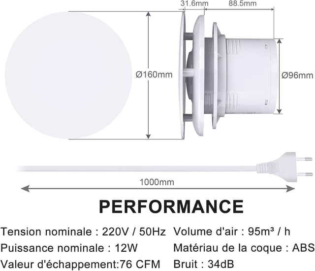 Detalle de HUGOOME ventilateur extraction 95 m³/h 100 mm