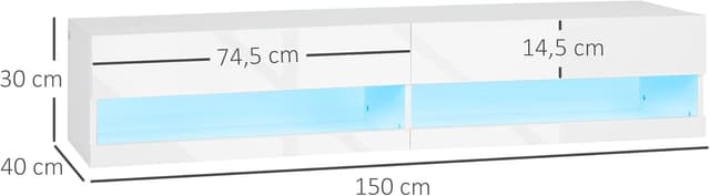 Thumbnail 6 de HOMCOM Meuble TV mural blanc laqué avec LED RGB et contrôle via application, 150 x 40 x 30 cm
